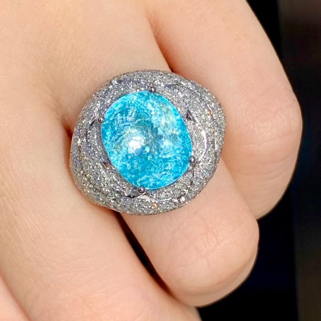 14k Gold 7.19 Ct Natural Paraiba Tourmaline & Diamond Ring - 6