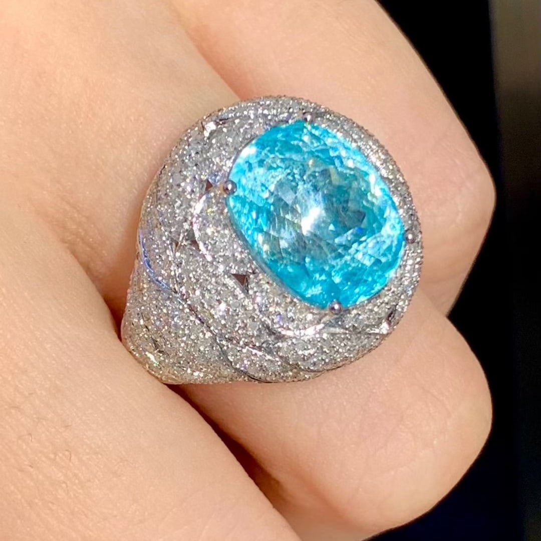 14k Gold 7.19 Ct Natural Paraiba Tourmaline & Diamond Ring - 7