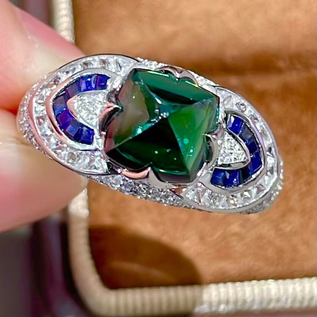 14k Gold 2.43 Ct Natural Tourmaline & Diamond & Sapphire Ring - 2