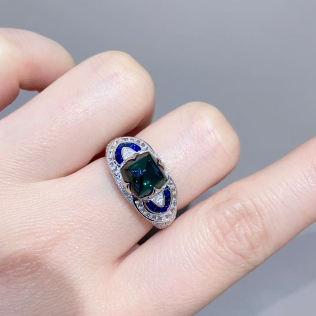 14k Gold 2.43 Ct Natural Tourmaline & Diamond & Sapphire Ring - 6