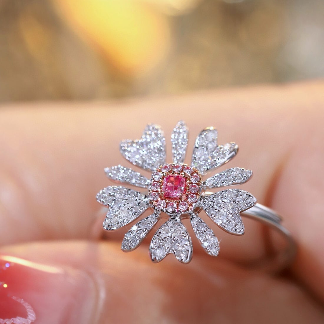 14k Gold 0.45 Ctw Natural Pink Diamond & Diamond & Flowers Ring - 3