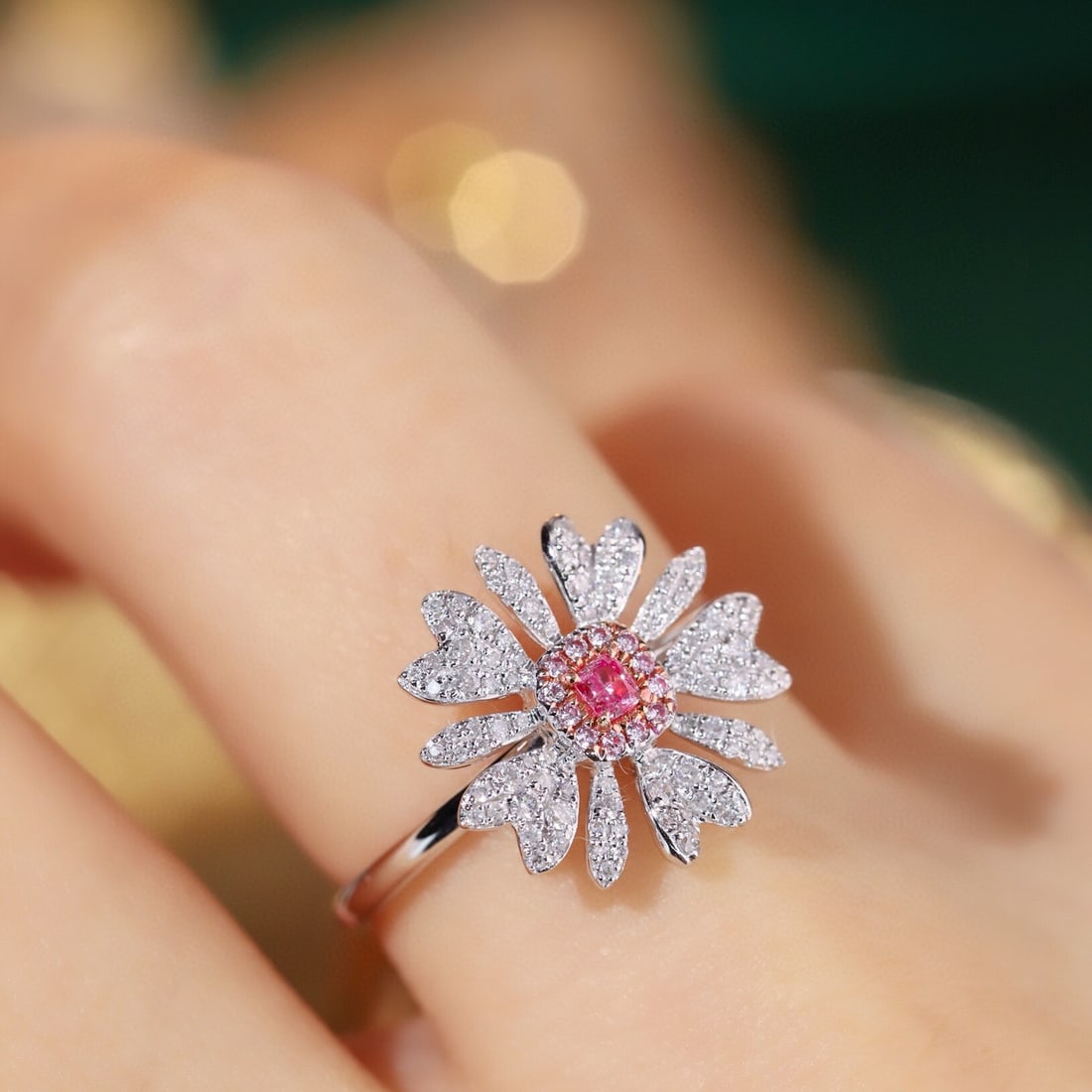 14k Gold 0.45 Ctw Natural Pink Diamond & Diamond & Flowers Ring - 4