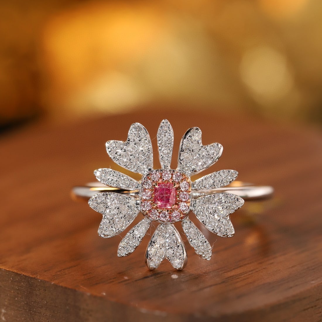 14k Gold 0.45 Ctw Natural Pink Diamond & Diamond & Flowers Ring - 5