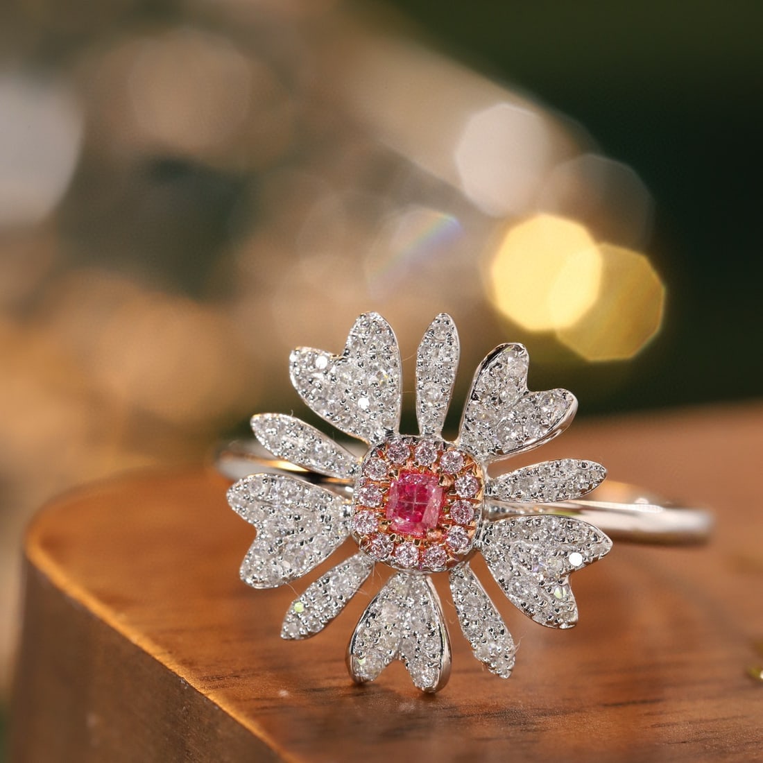 14k Gold 0.45 Ctw Natural Pink Diamond & Diamond & Flowers Ring - 7