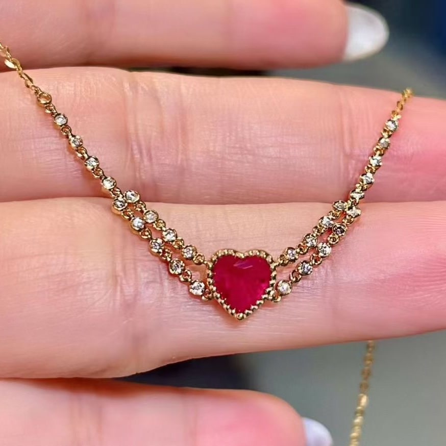 14k Gold 1.00 Ctw Natural Ruby & Diamond Necklace: Ref:231087158 // gold content:14k gold // main gemstone:ruby // shape:heart // carat weight:0. 86ct // color:red // treatment:natural // // adjacent gemstone 2 : diamond // shape:round // carat