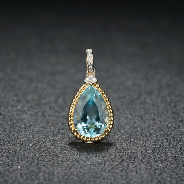 14k Gold 3.18 Ct Natural Aquamarine & Diamond Pendant( Without Chain ): Ref:231087164 // gold content:14k gold // main gemstone:aquamarine // shape:pear // carat weight:3. 18ct // color:santa maria color // treatment:natural // // adjacent gemstone 2 : diamond //