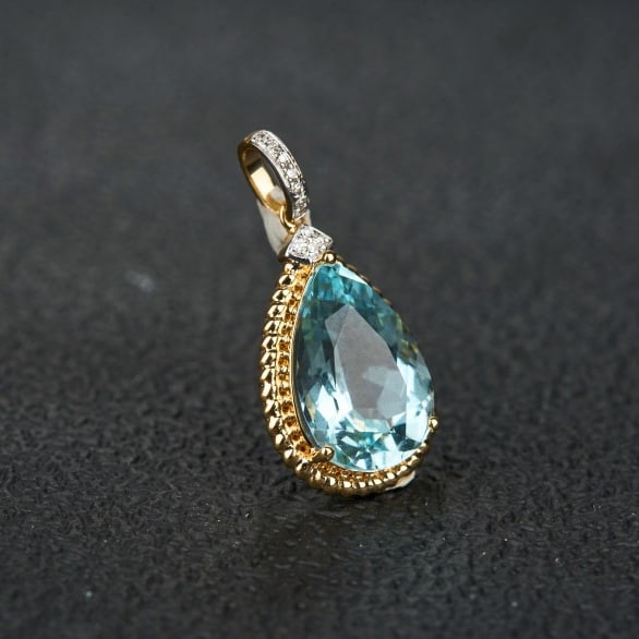 14k Gold 3.18 Ct Natural Aquamarine & Diamond Pendant( Without Chain ) - 6
