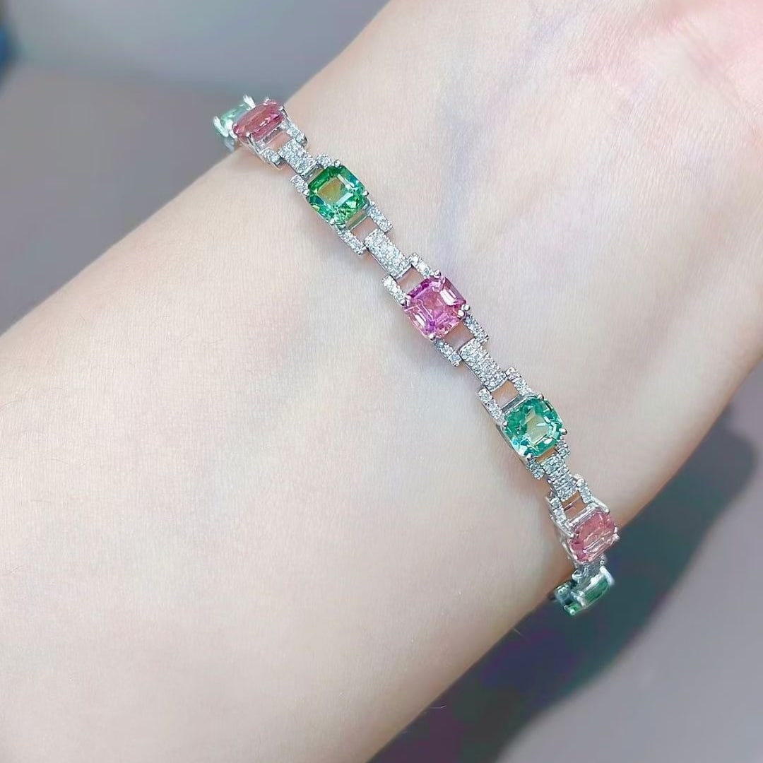 14k Gold 7.5 Ct Natural Tourmaline & Diamond Bracelet - 3