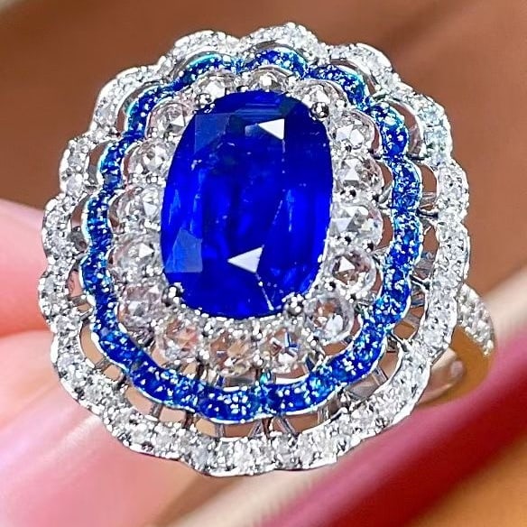 14k Gold 3.11 Ctw Vivid Blue Natural Sapphire & Sapphire Ring - 3