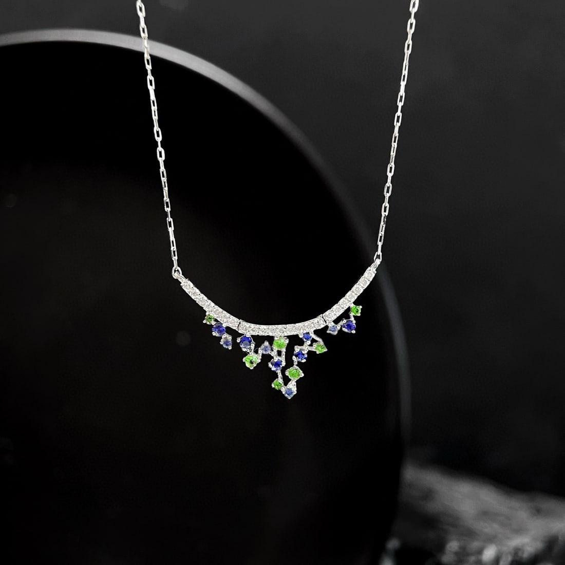 14k Gold 0.6 Ct Natural Sapphire & Tsavorite & Diamond Necklace: Ref:231088016 // gold content:14k gold // main gemstone:sapphire & tsavorite & diamond // shape:round // carat weight:0. 6ct // color:color // treatment:natural // cut grade:g // Low Estimate: