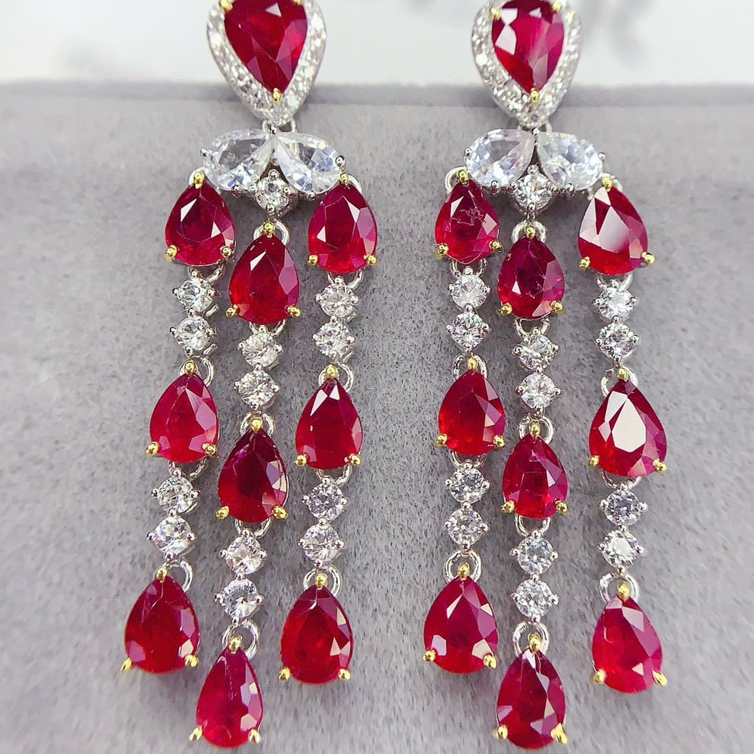 14k Gold 6.93 Ct Vivid Red Natural Ruby & Diamond & Sapphire Earrings - 2