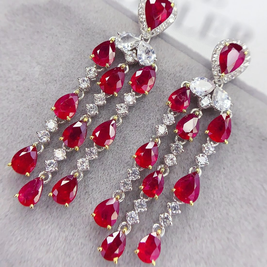 14k Gold 6.93 Ct Vivid Red Natural Ruby & Diamond & Sapphire Earrings - 3