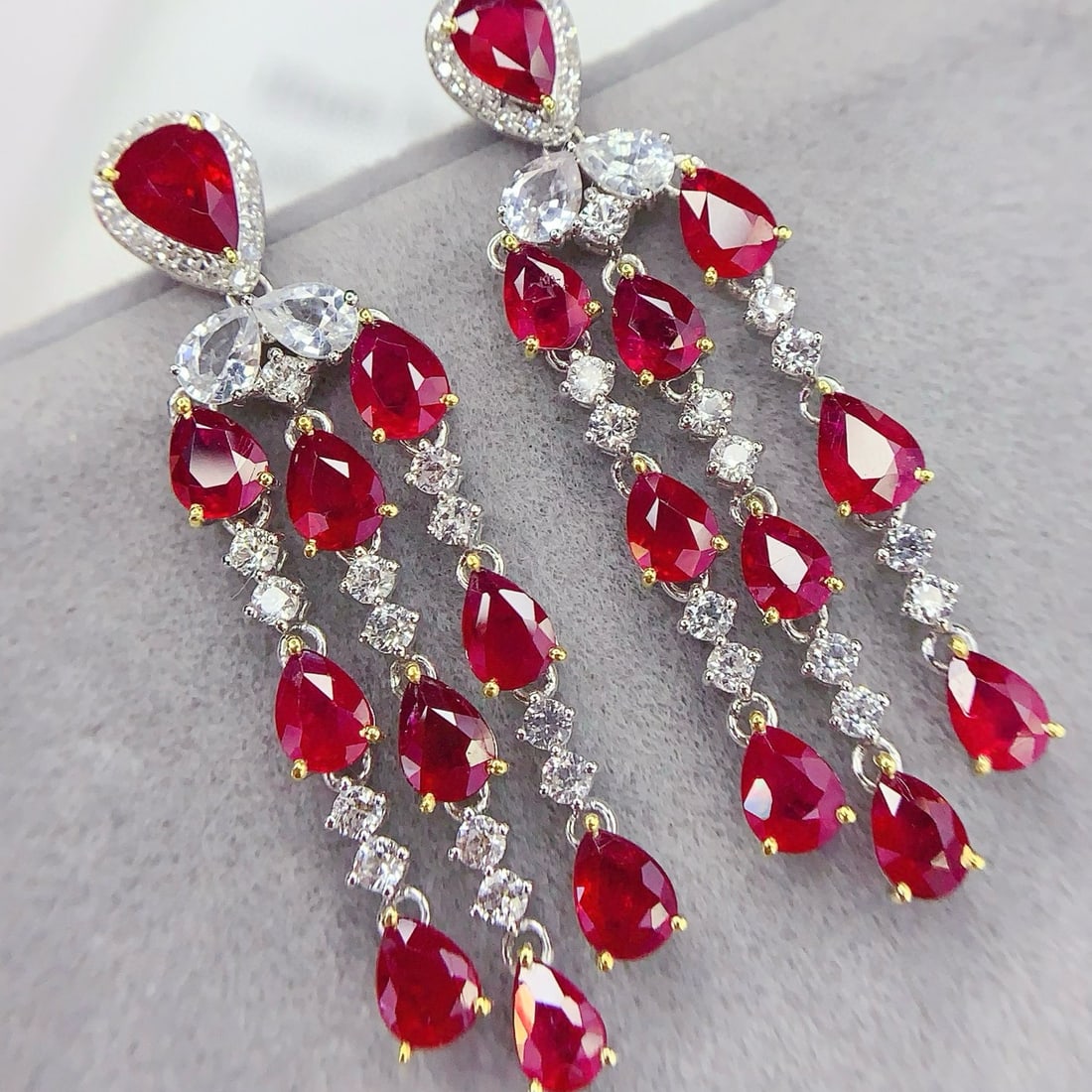 14k Gold 6.93 Ct Vivid Red Natural Ruby & Diamond & Sapphire Earrings - 5