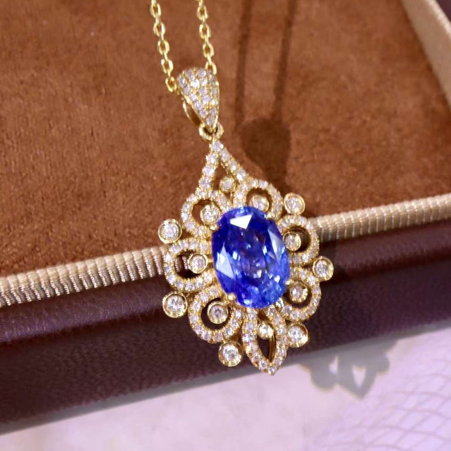 14k Gold 2.98 Ctw Natural Sapphire & Diamond Pendant( Without Chain ) - 2