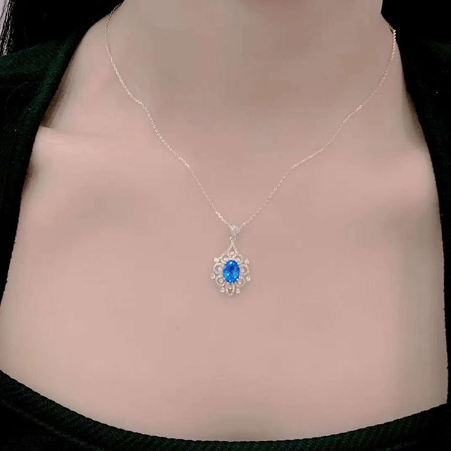 14k Gold 2.98 Ctw Natural Sapphire & Diamond Pendant( Without Chain ) - 4