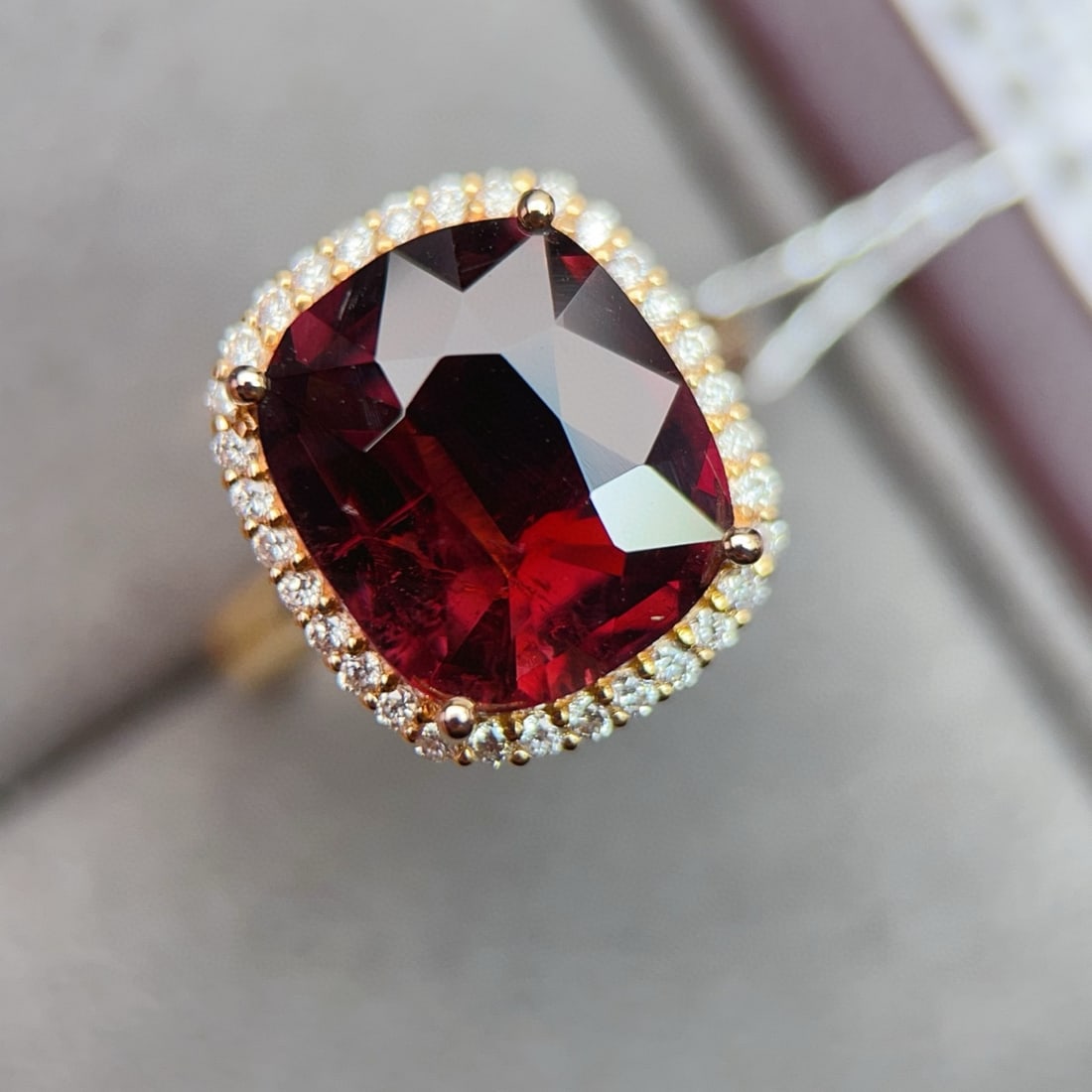 14k Gold 5.7 Ct Natural Tourmaline & Diamond Ring: Ref:231088058 // gold content:14k gold // ring size:7. 25us // // main gemstone:tourmaline // shape:cushion // carat weight:5. 7ct // color:red // treatment:natural // // adjacent gemstone 2 : diamond