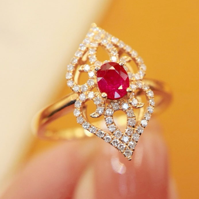 14k Gold 0.62 Ctw Vivid Red Natural Ruby & Diamond Ring - 3