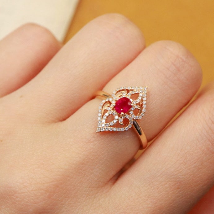 14k Gold 0.62 Ctw Vivid Red Natural Ruby & Diamond Ring - 6