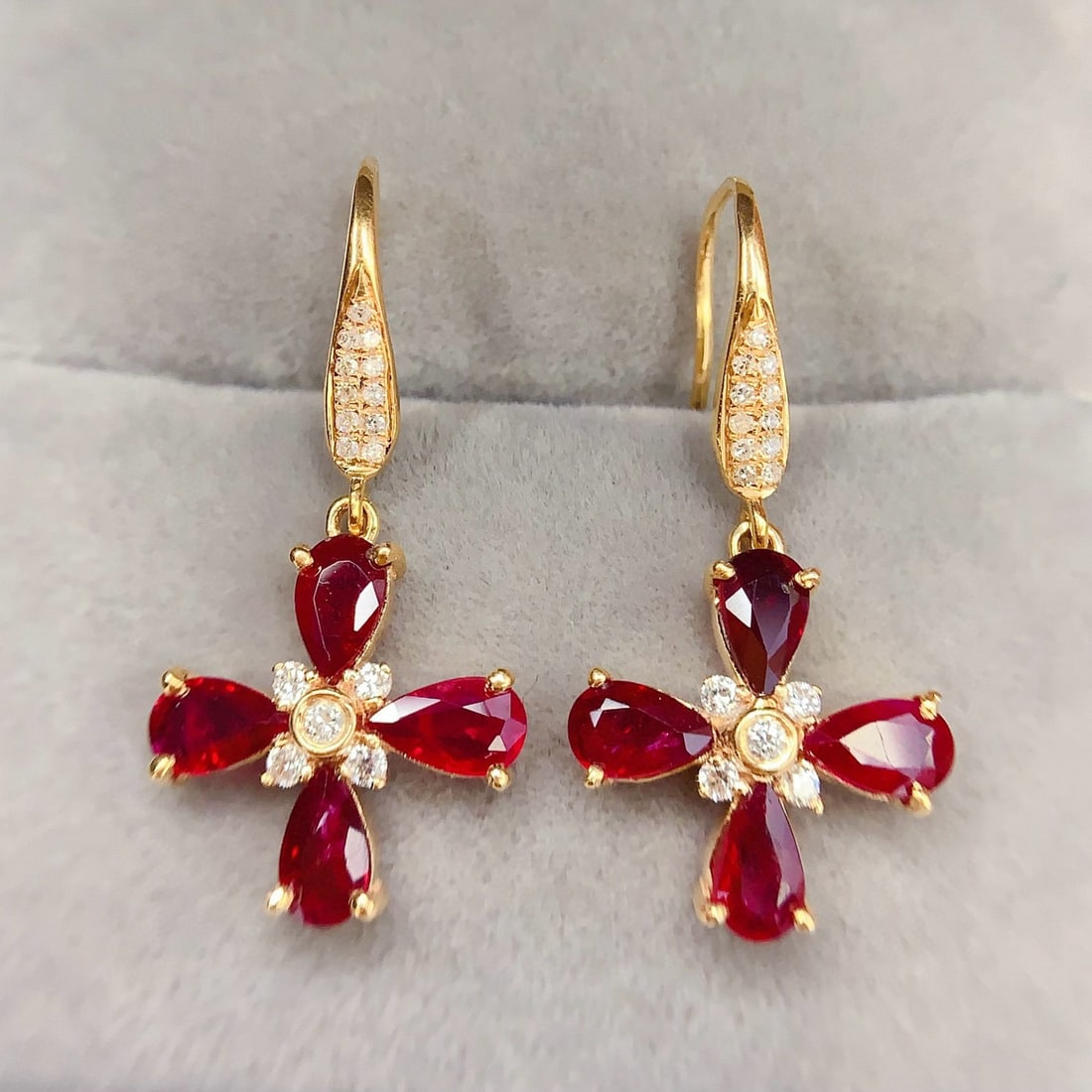 14k Gold 1.56 Ct Vivid Red Natural Ruby & Diamond Earrings - 2
