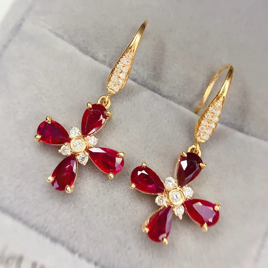 14k Gold 1.56 Ct Vivid Red Natural Ruby & Diamond Earrings - 4