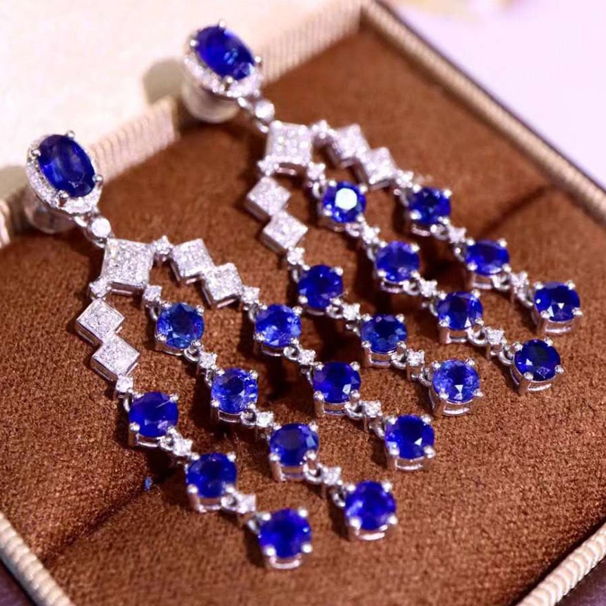 14k Gold 7.47 Ctw Vivid Blue Natural Sapphire & Diamond Earrings: Ref:231088092 // gold content:14k gold // main gemstone:sapphire // shape:multiple // carat weight:6. 95ct // color:vivid blue // treatment:natural // // adjacent gemstone 2 : diamond //