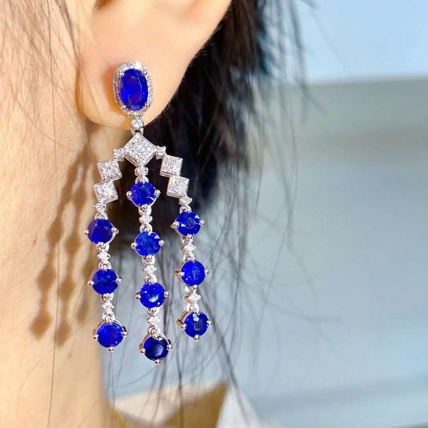 14k Gold 7.47 Ctw Vivid Blue Natural Sapphire & Diamond Earrings - 3