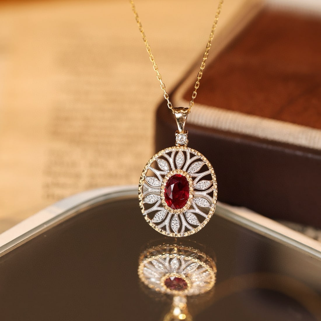 14k Gold 0.65 Ctw Natural Ruby & Diamond Pendant( Without Chain ): Ref:231088100 // gold content:14k gold // main gemstone:ruby // shape:oval // carat weight:0. 54ct // color:pigeonblood red // treatment:natural // // adjacent gemstone 2 : diamond // shape:round // c
