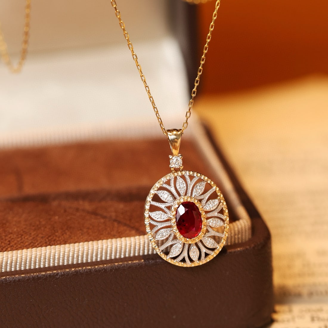 14k Gold 0.65 Ctw Natural Ruby & Diamond Pendant( Without Chain ) - 2