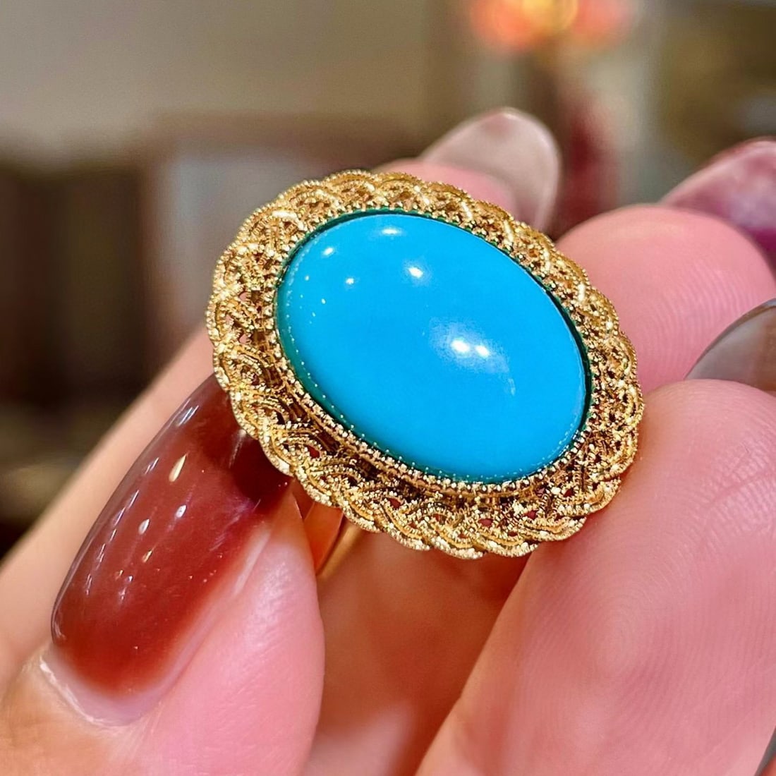 14k Gold 5.56 Ct Natural Blue Turquoise Ring - 2