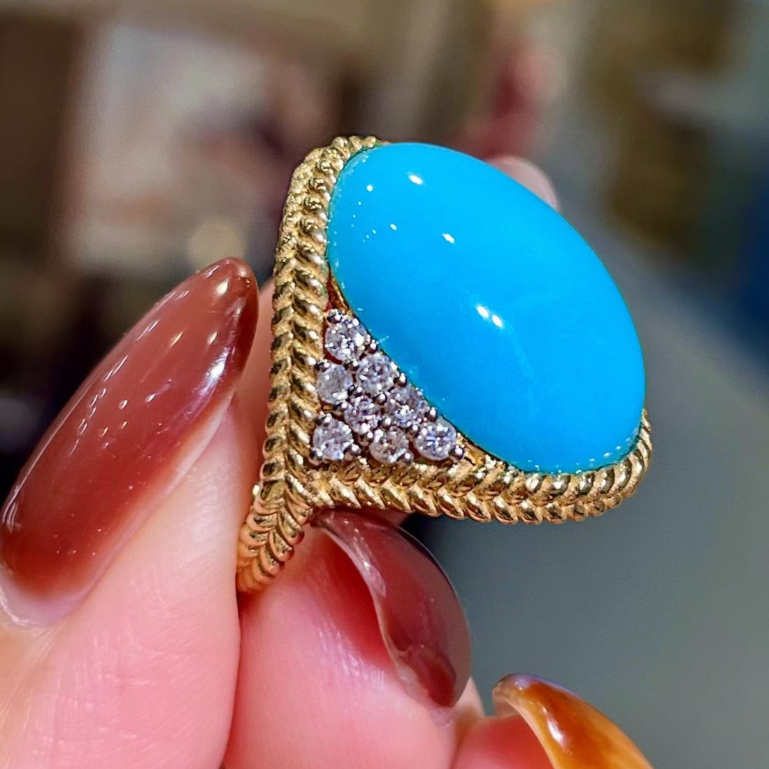 14k Gold 10.54 Ctw Natural Blue Turquoise & Diamond Ring - 2