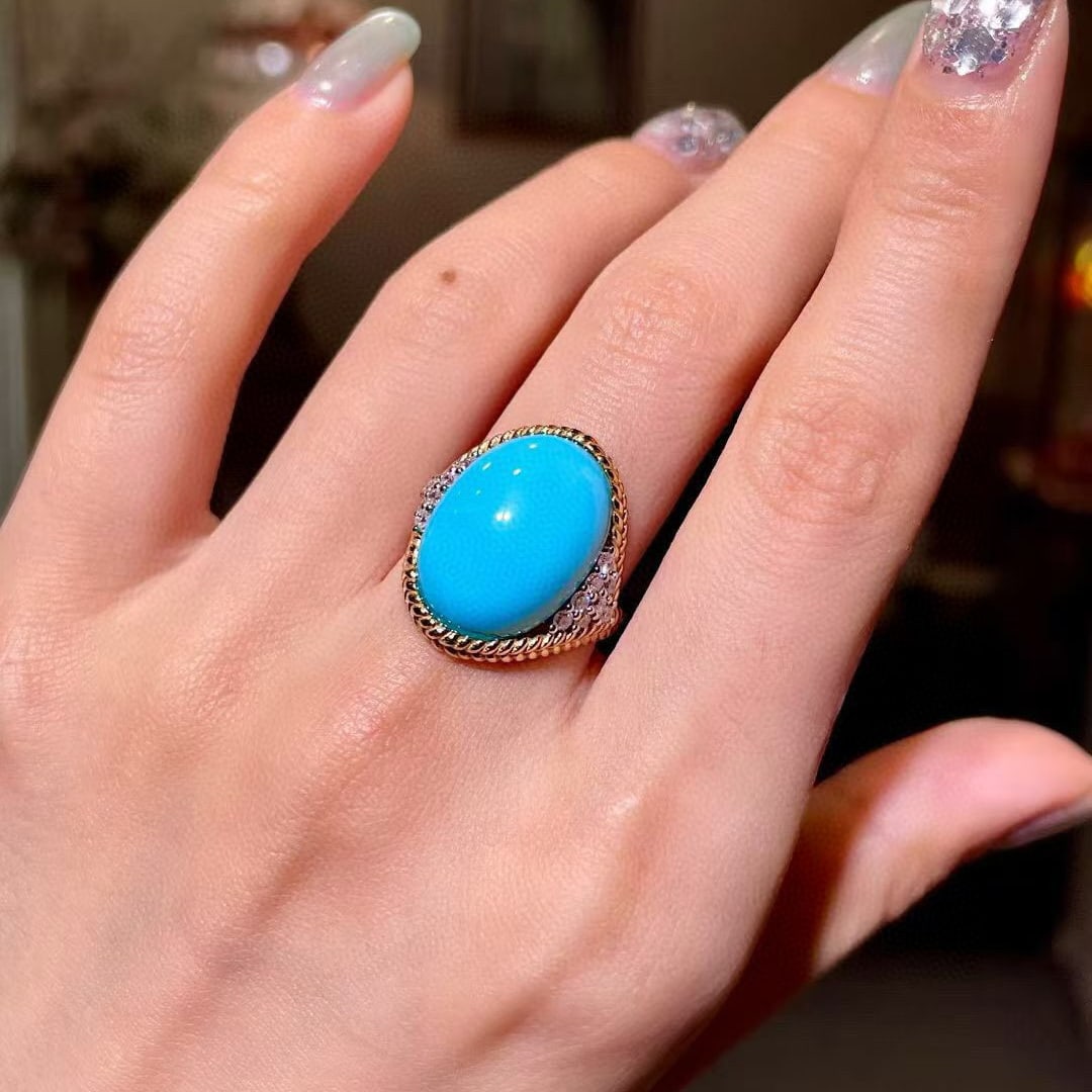 14k Gold 10.54 Ctw Natural Blue Turquoise & Diamond Ring - 4