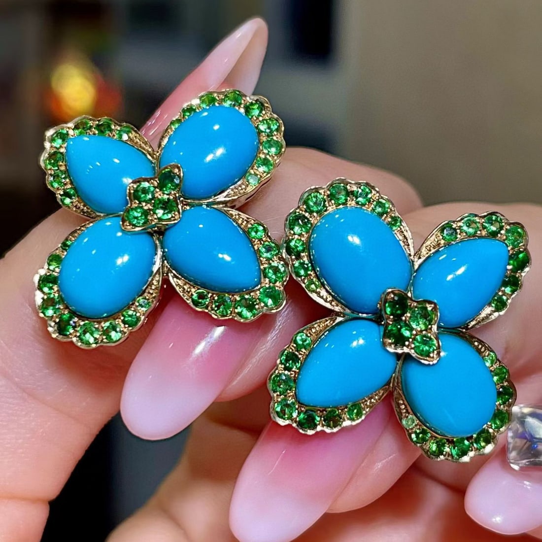 14k Gold 14.11 Ctw Natural Blue Turquoise & Tsavorite Earrings: Ref:231088137 // gold content:14k gold // main gemstone:blue turquoise // shape:multiple // carat weight:11. 96ct // color:blue // treatment:natural // // adjacent gemstone 2 : tsavorite //