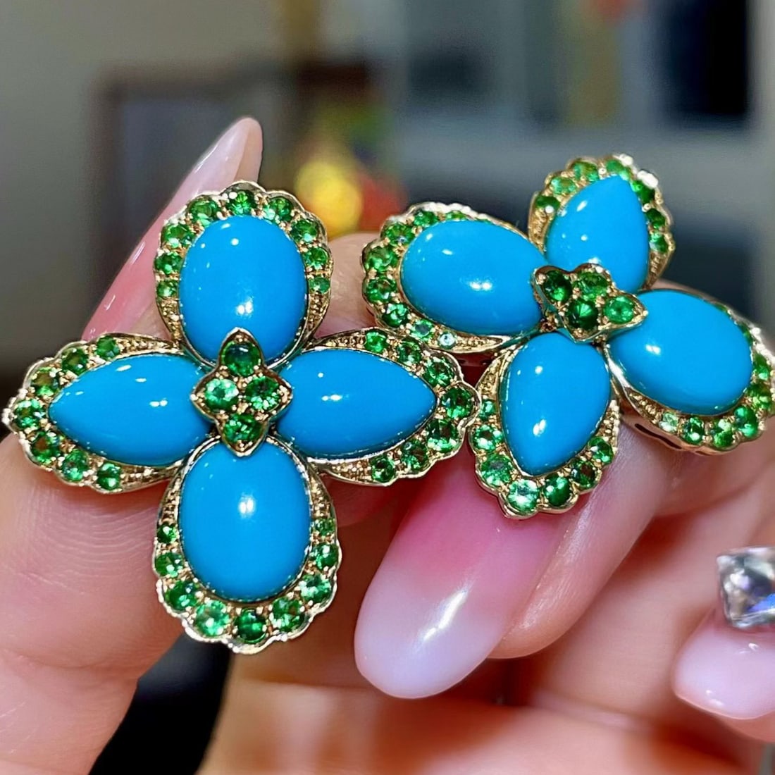 14k Gold 14.11 Ctw Natural Blue Turquoise & Tsavorite Earrings - 2