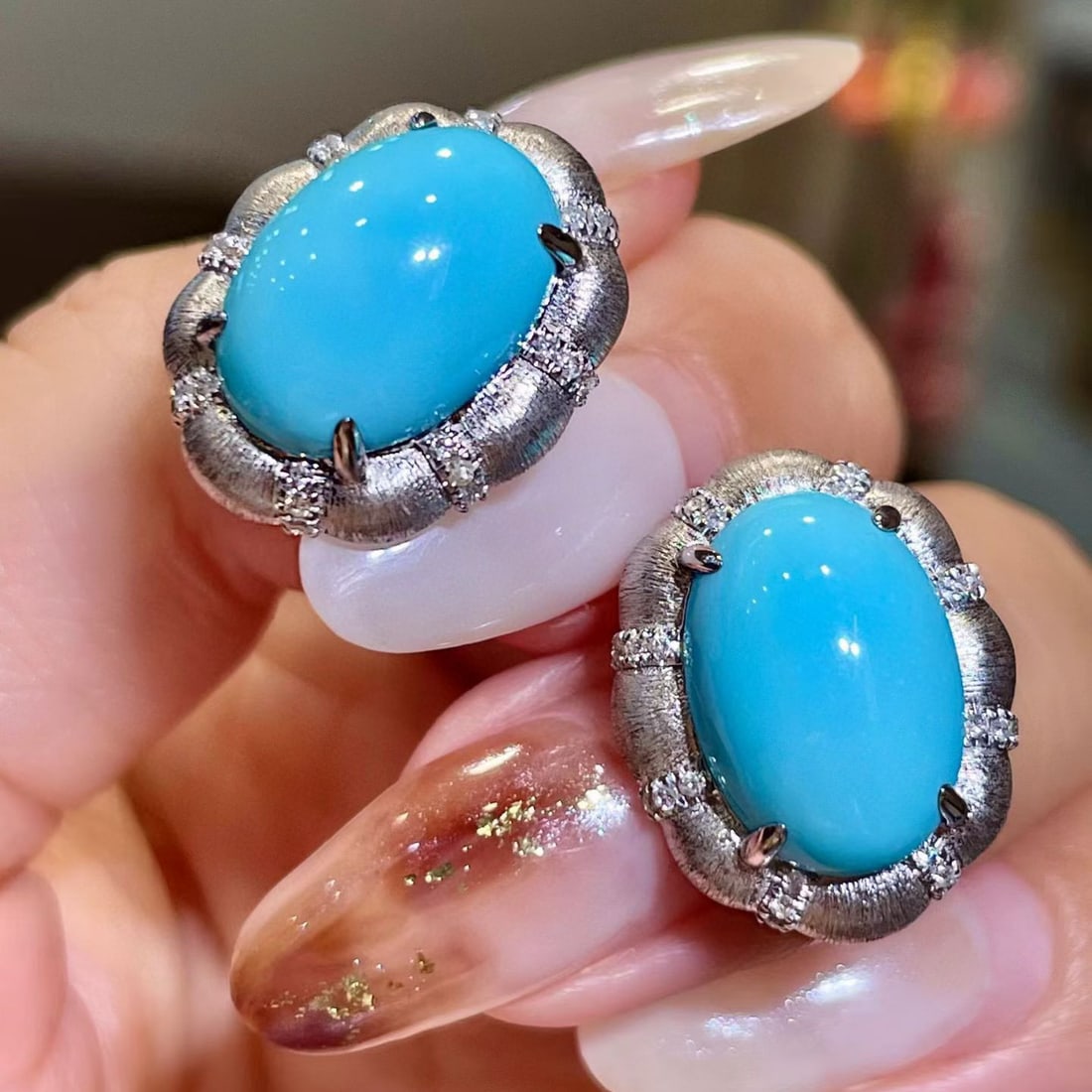 14k Gold 10.06 Ctw Natural Blue Turquoise & Diamond Earrings - 3