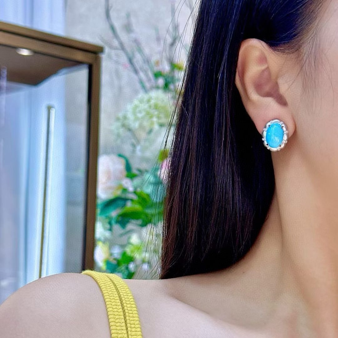 14k Gold 10.06 Ctw Natural Blue Turquoise & Diamond Earrings - 4