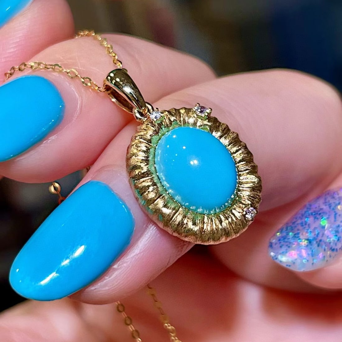 14k Gold 2.64 Ctw Natural Blue Turquoise & Diamond Pendant( Without Chain ) - 2