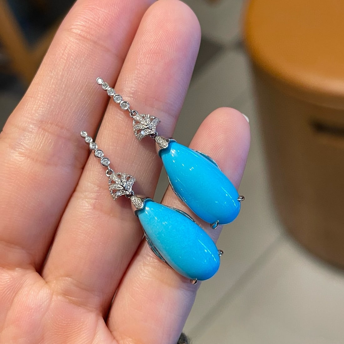 14k Gold 12.63 Ct Natural Blue Turquoise & Diamond Earrings - 4