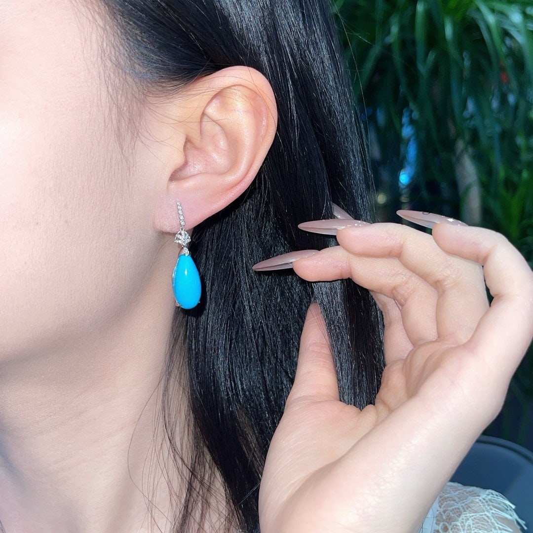 14k Gold 12.63 Ct Natural Blue Turquoise & Diamond Earrings - 6