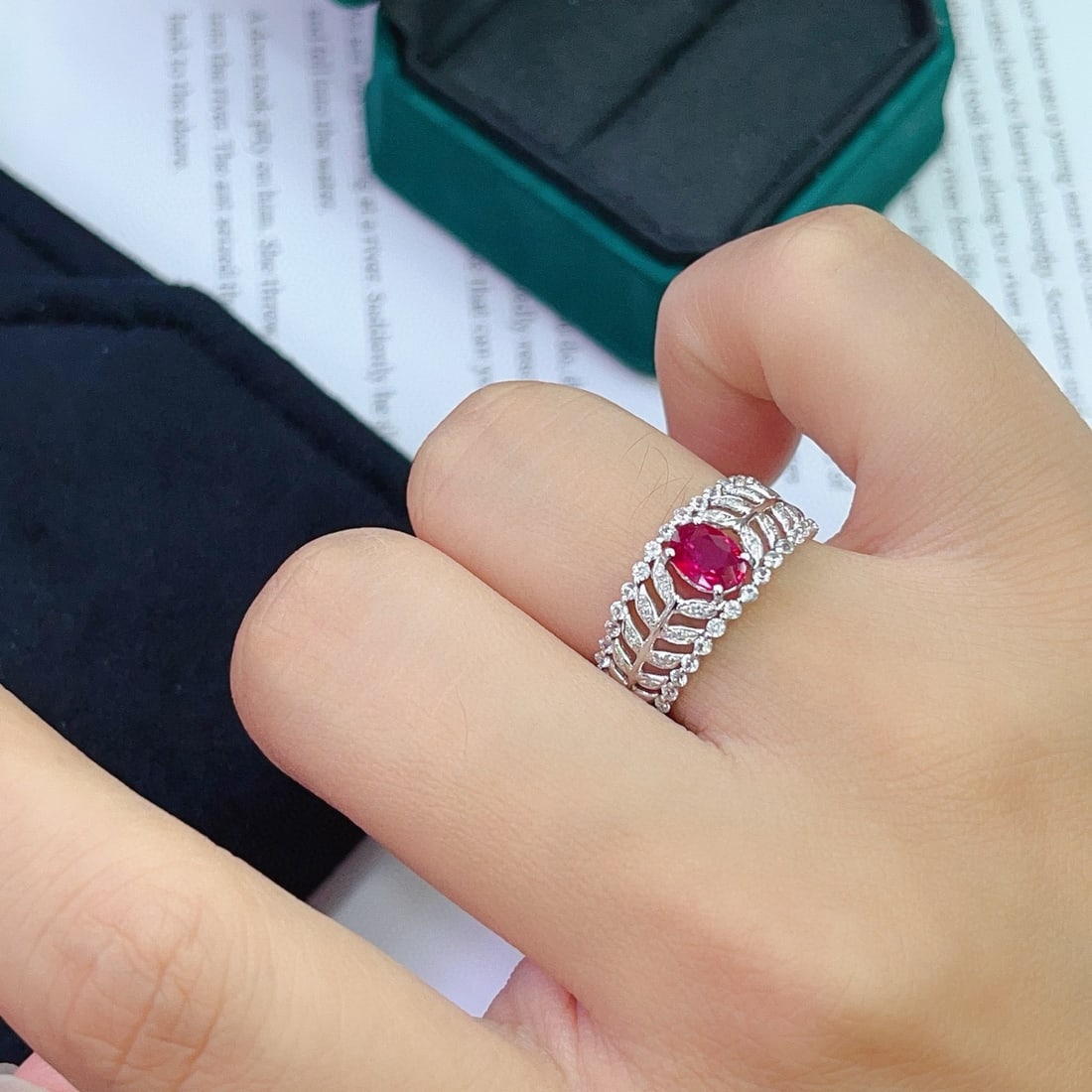 14k Gold 0.65 Ct Natural Ruby & Diamond & Sapphire Ring - 6