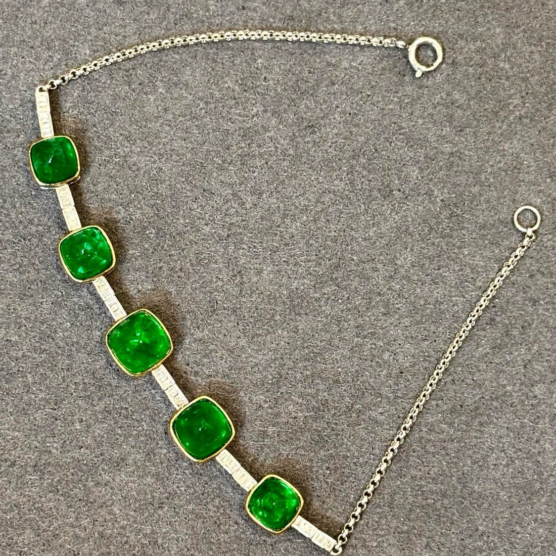 14k Gold 7 Ct Vivid Green Natural Emerald & Diamond Bracelet - 8