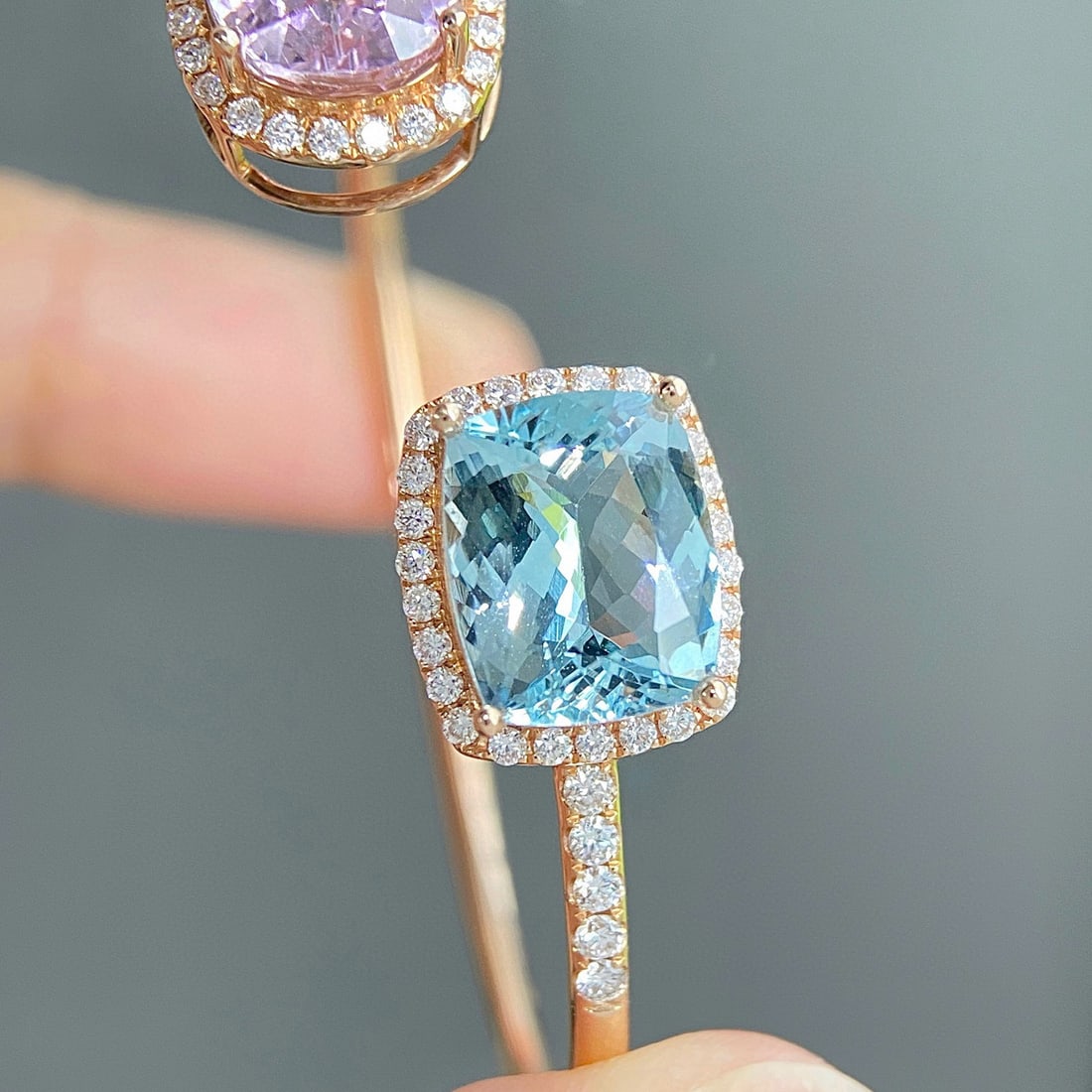 14k Gold 9.92 Ctw Natural Aquamarine & Morganite & Diamond Bangle - 2