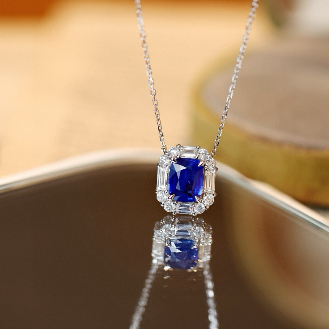 14k Gold 2.08 Ctw Natural Sapphire & Diamond Necklace: Ref:231088227 // gold content:14k gold // main gemstone:sapphire // shape:cushion // carat weight:1. 45ct // color:royal blue // treatment:natural // // adjacent gemstone 2 : diamond //