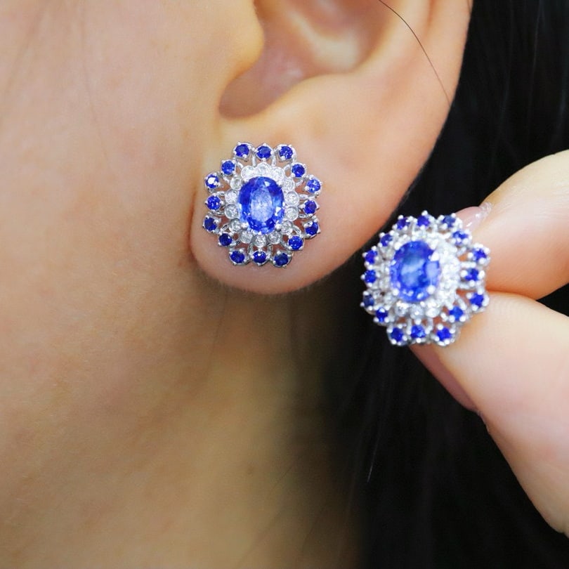 14k Gold 1.88 Ctw Natural Sapphire & Diamond Earrings - 5