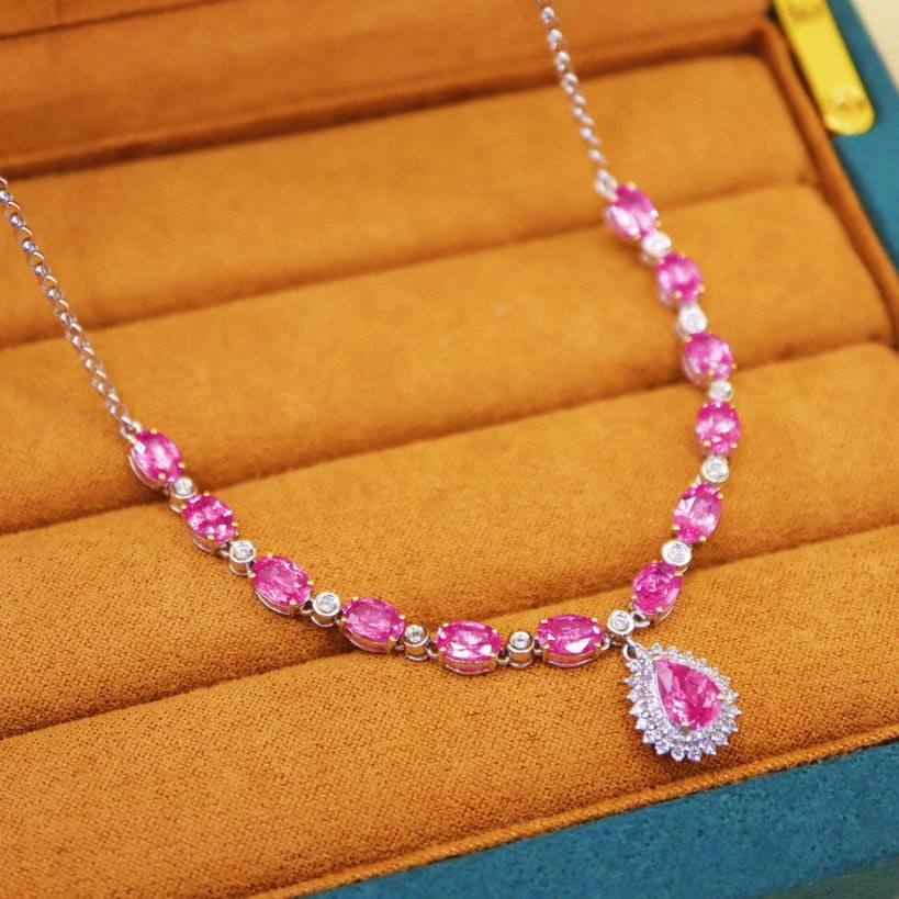 14k Gold 8.89 Ctw Natural Padparadscha Sapphire & Diamond Necklace - 5