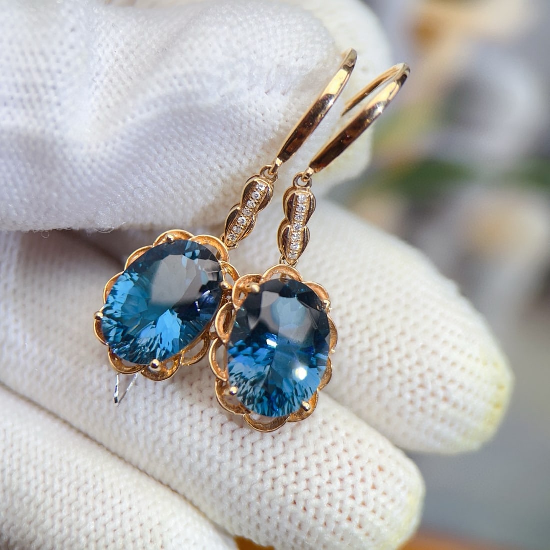 14k Gold 9.64 Ctw Natural Topaz & Diamond Earrings - 4