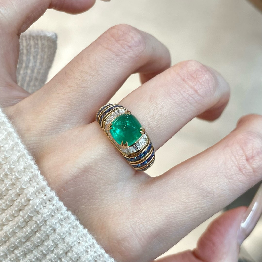 14k Gold 3.17 Ctw Natural Emerald & Sapphire Ring - 7