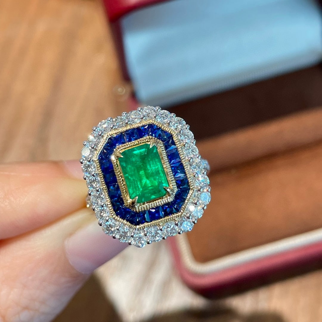 14k Gold 2.1 Ctw Vivid Green Natural Emerald & Sapphire Ring/pendant( Without Chain ) - 3