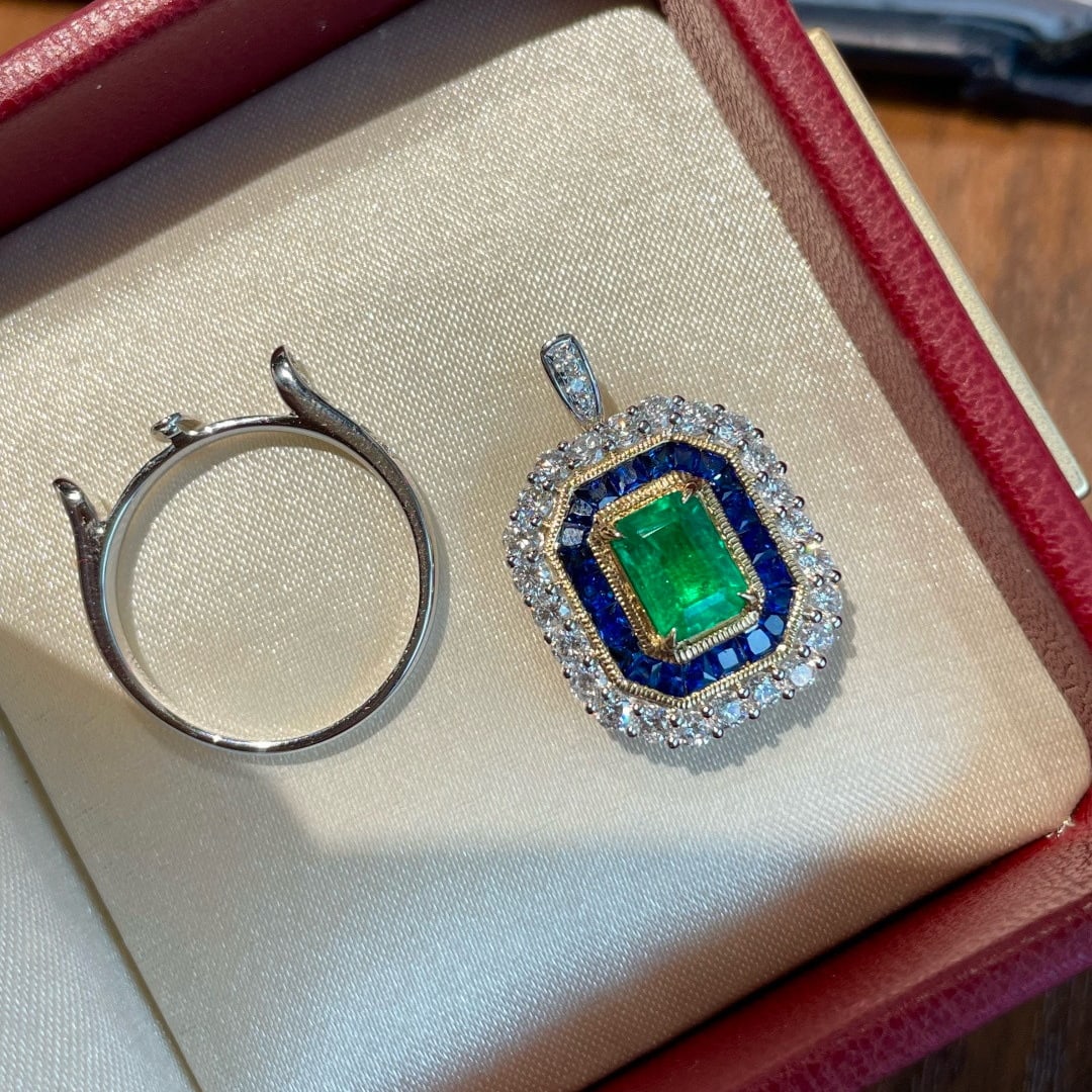 14k Gold 2.1 Ctw Vivid Green Natural Emerald & Sapphire Ring/pendant( Without Chain ) - 5