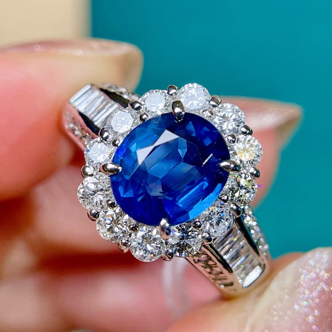 14k Gold 3.12 Ctw Natural Sapphire & Diamond Ring: Ref:231088317 // gold content:14k gold // ring size:7. 25us // // main gemstone:sapphire // shape:oval // carat weight:2. 12ct // color:royal blue // treatment:natural // // adjacent gemstone 2 :