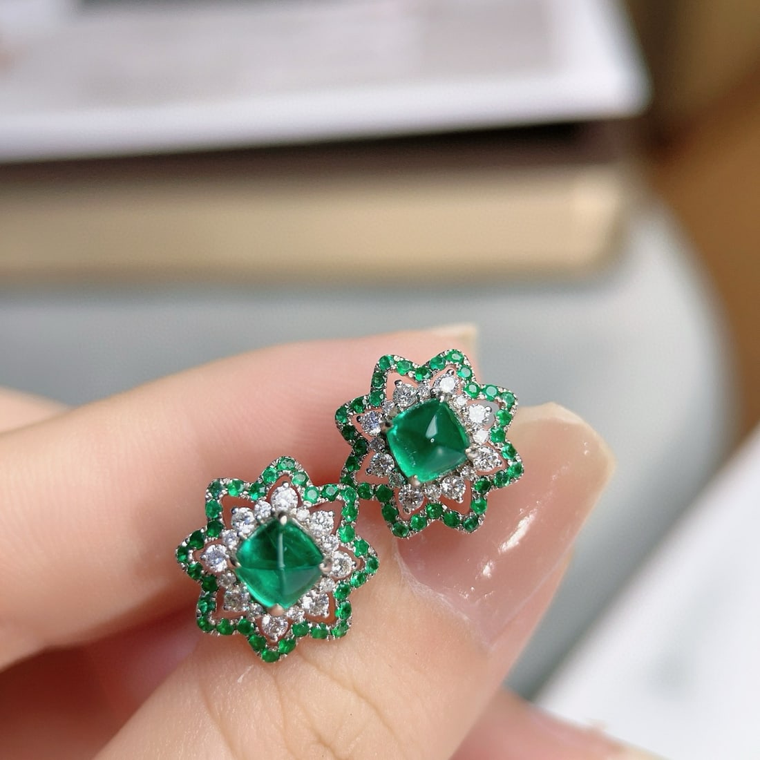 14k Gold 2.46 Ctw Vivid Green Natural Emerald & Diamond Earrings - 3